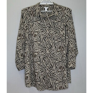 Intro Women's Tunic Top Size 2X Tiger Stripe Button Front Long Tab Sleeve Collar